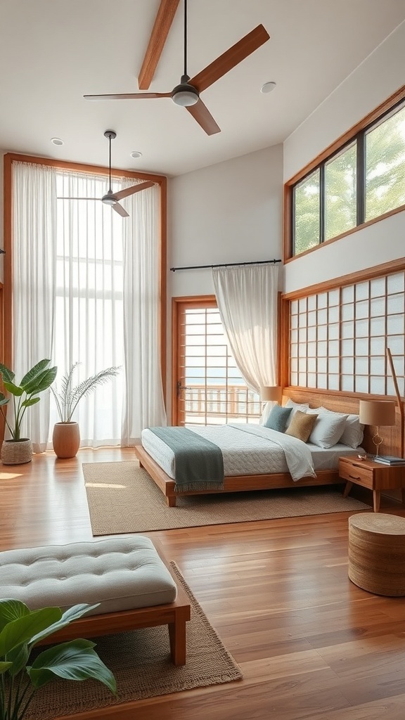 A serene Japandi bedroom featuring wooden furniture, natural fibers, and large windows.