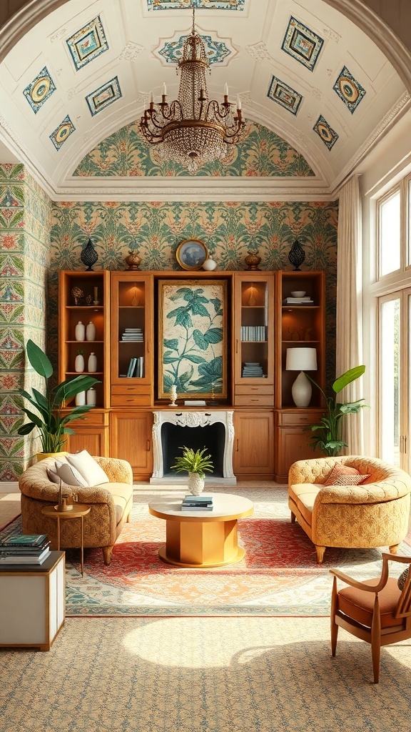 Ein stilvoller Raum mit floralen Mustern, nachhaltigen Möbeln und einem Display-Schrank.