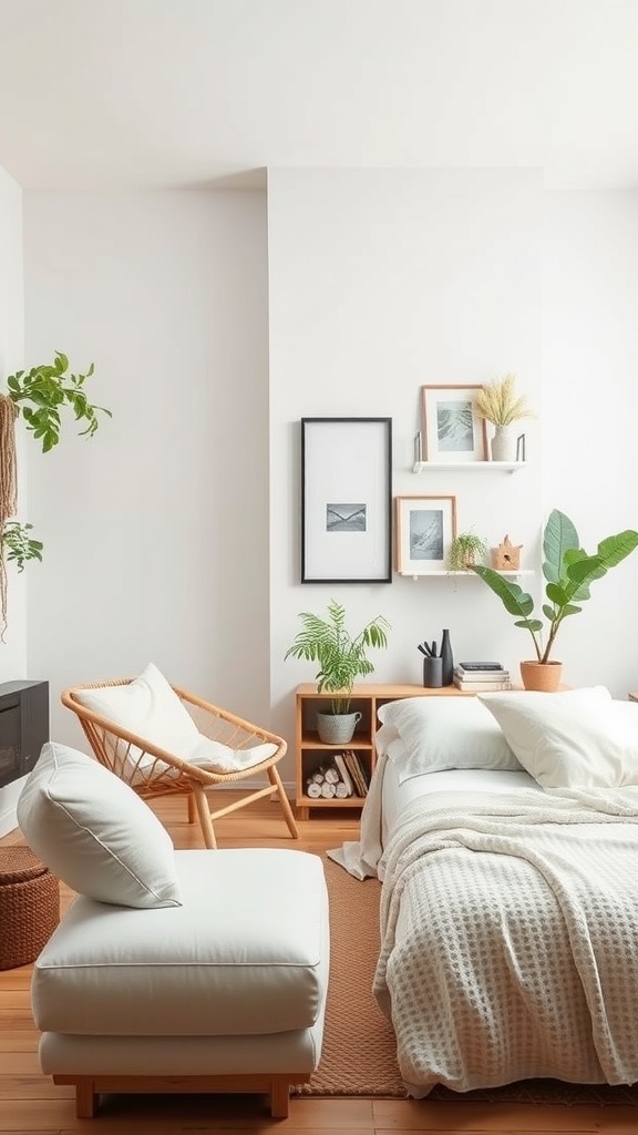 A cozy minimalist bedroom with natural elements and a warm color palette.