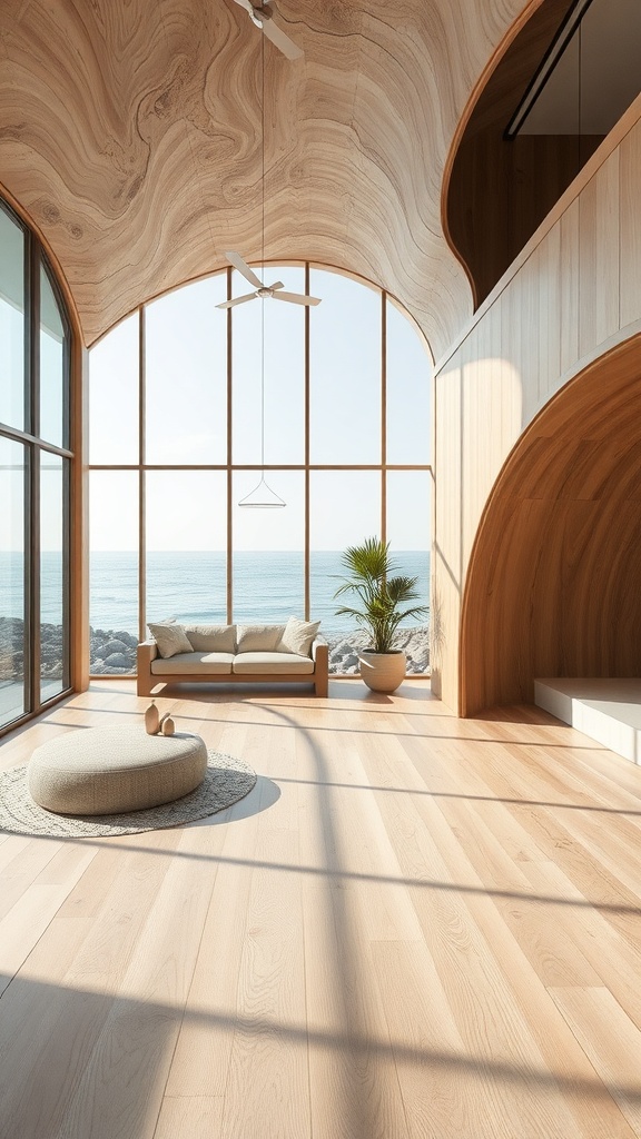 A bright, airy interior with large windows overlooking the ocean, featuring wooden elements and natural decor.