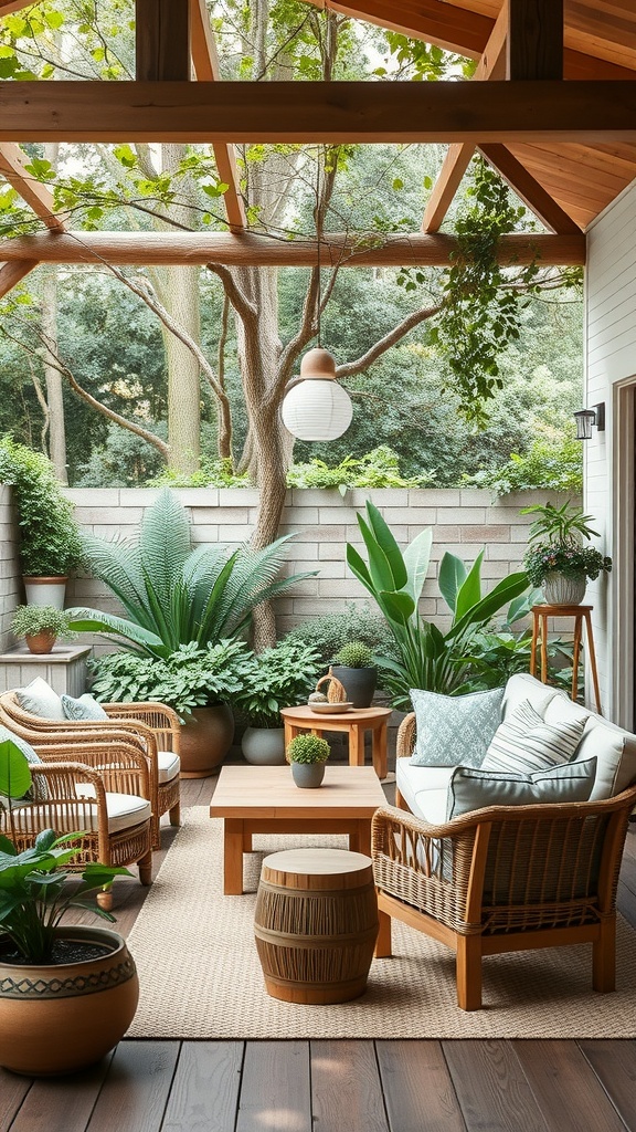 A cozy outdoor living area with natural materials and lush greenery.