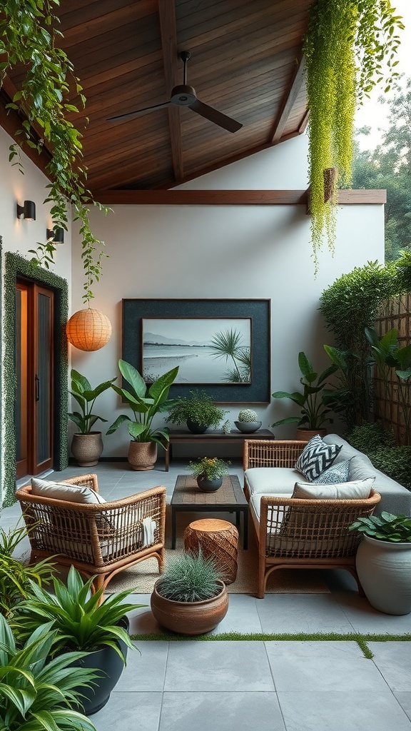 A cozy outdoor living space featuring rattan chairs, a wooden table, and various plants, creating a sustainable and inviting atmosphere.