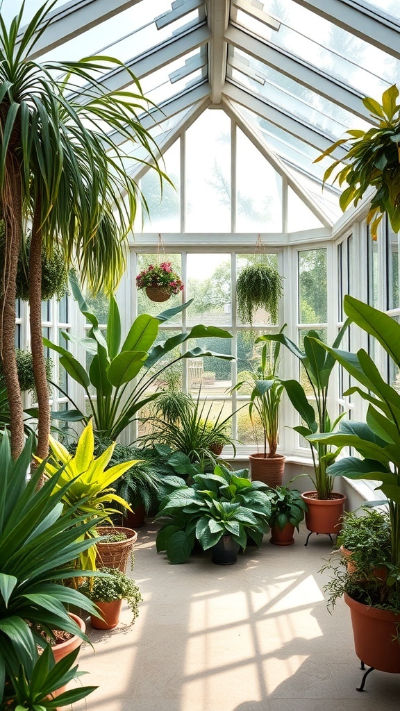 A bright conservatory filled with various lush plants, showcasing a mix of greenery and vibrant colors.