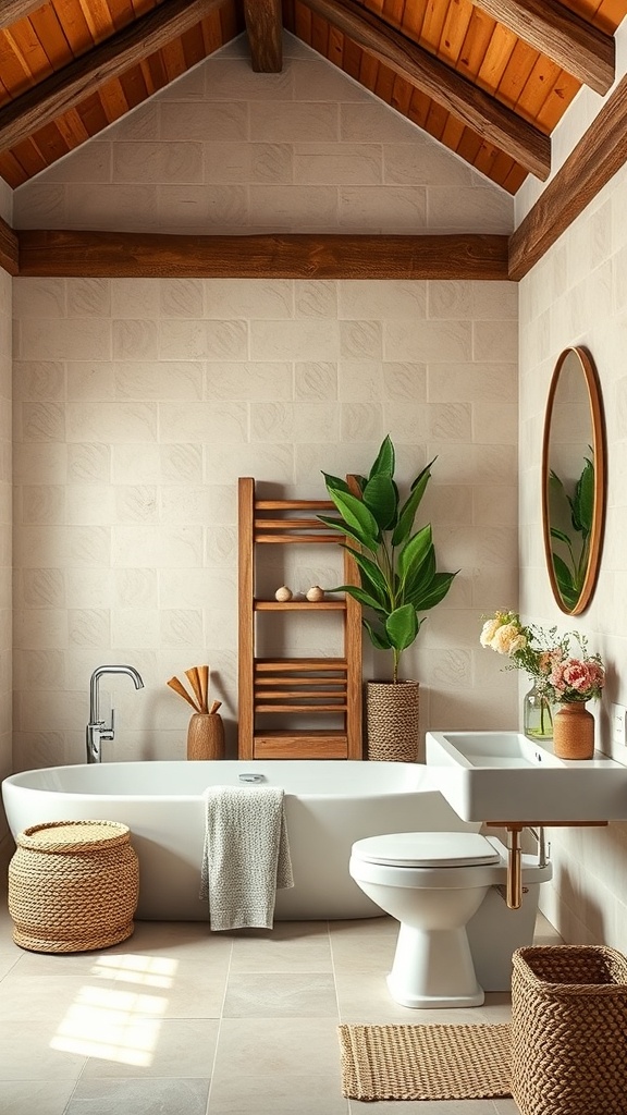 A rustic bathroom featuring wooden beams, natural materials, and plants.