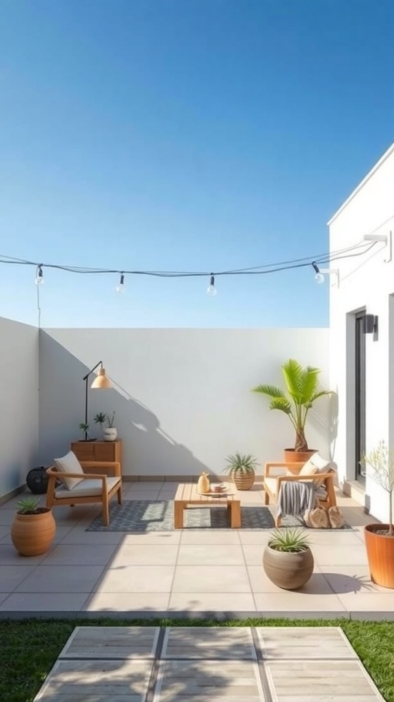 A minimalist patio with wooden furniture, potted plants, and string lights under a clear blue sky.