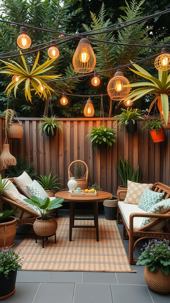 Cozy outdoor patio with recycled decor elements, featuring plants and warm lighting.