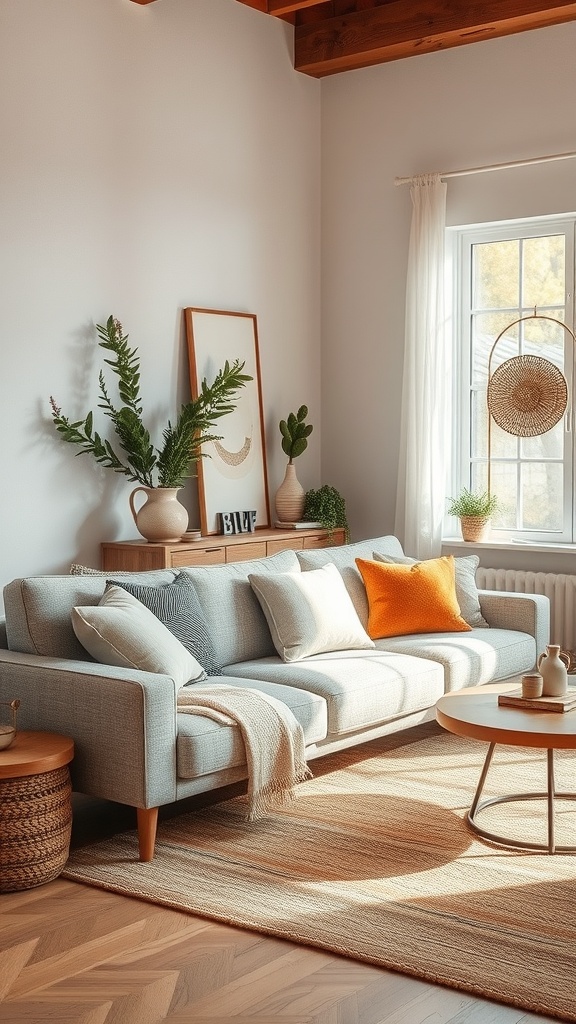 A cozy living room featuring a light gray sofa with colorful cushions, a wooden coffee table, and plants, showcasing a modern farmhouse style.