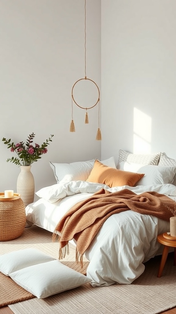 A cozy bedroom with white bedding, a rust-colored throw blanket, and a vase of flowers, showcasing sustainable textiles.