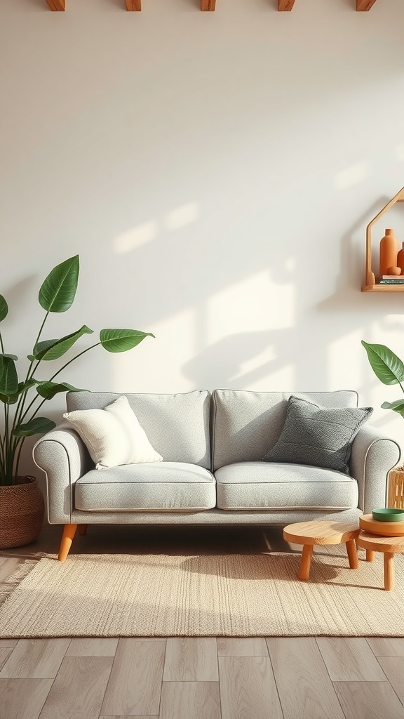 A cozy living room with a light gray sofa, decorative pillows, and a small wooden table.