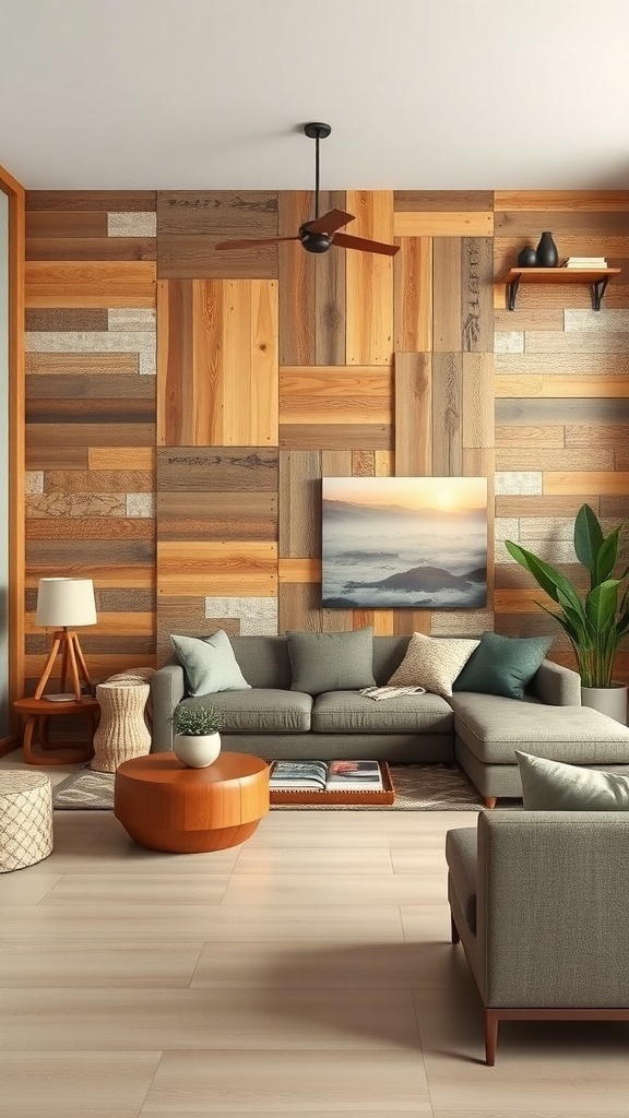 A cozy living room with a sustainable wall panel made of various wood textures, featuring a comfortable sofa and stylish decor.