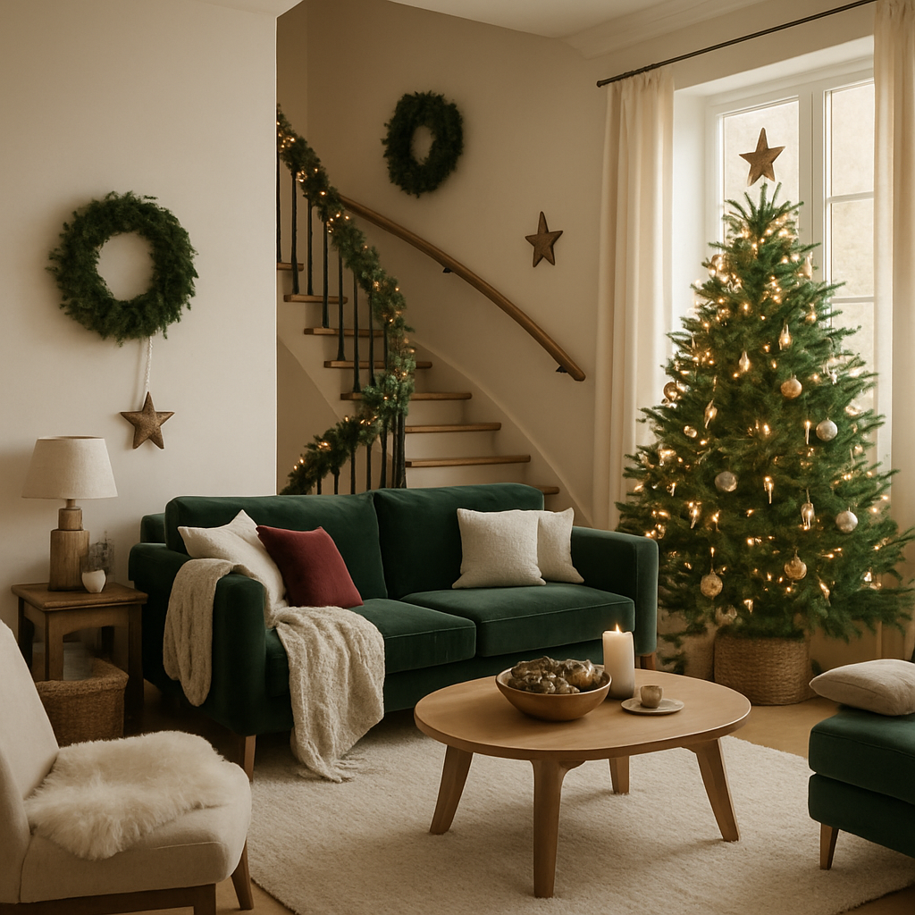Gemütliches Wohnzimmer mit grünem Sofa, Weihnachtsbaum und nachhaltiger Dekoration