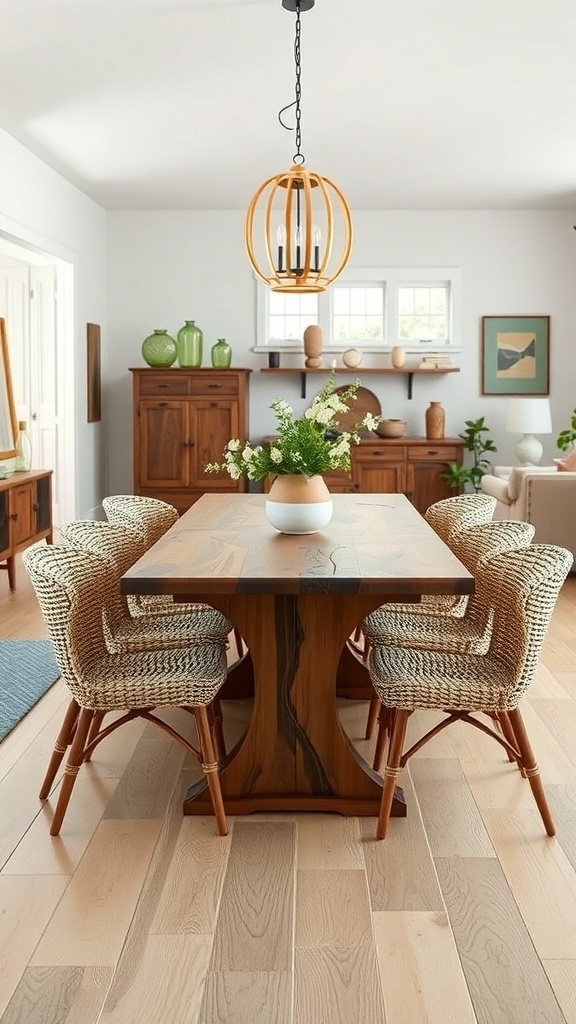 A stylish dining area featuring a wooden table and woven chairs, surrounded by natural decor.