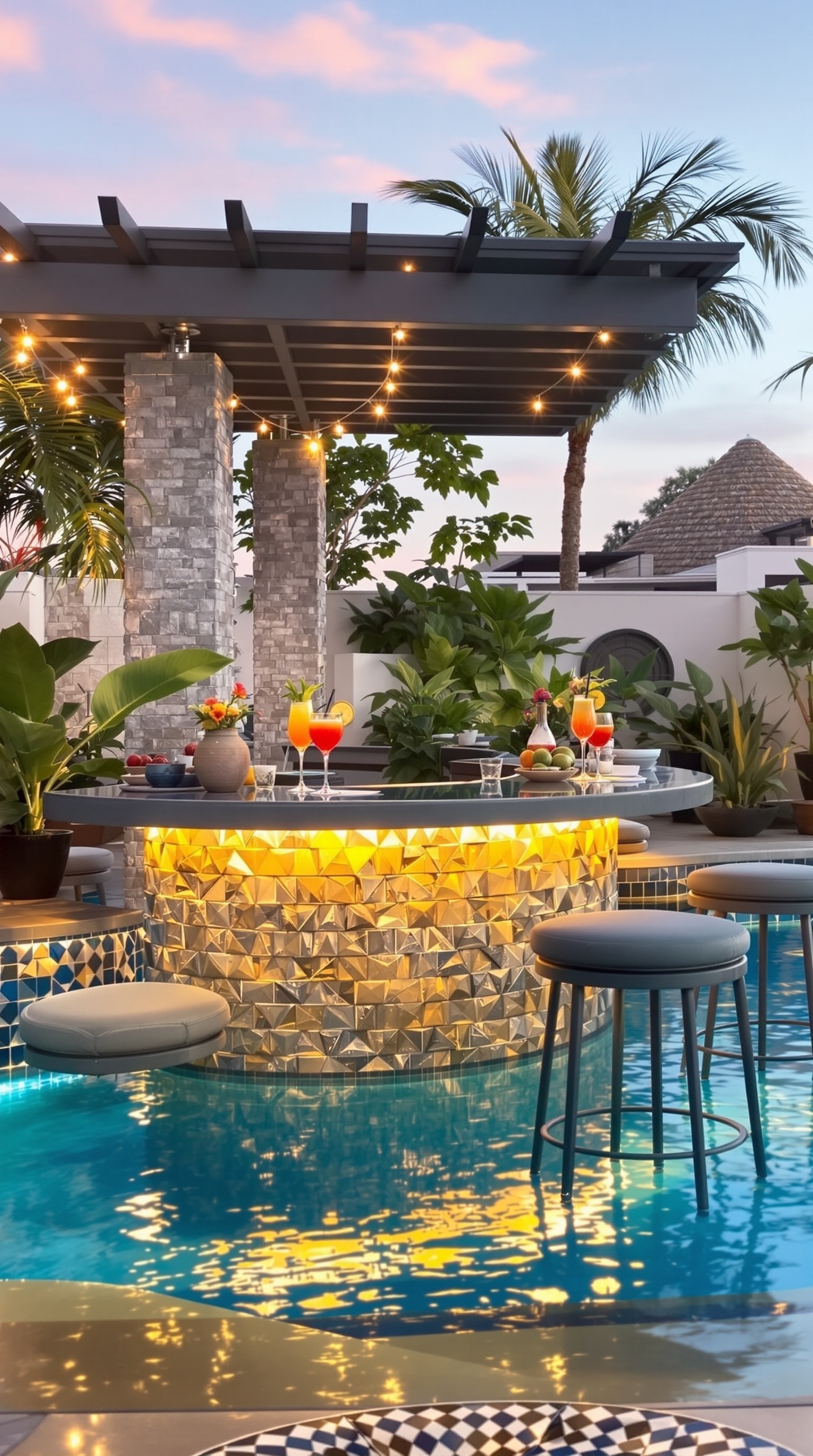 A luxurious pool with a swim-up bar, featuring a woman enjoying a drink with an ocean view.