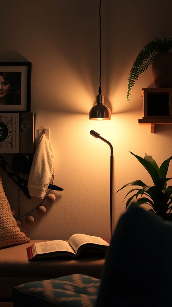 A cozy nook with a table lamp illuminating a book on a sofa.