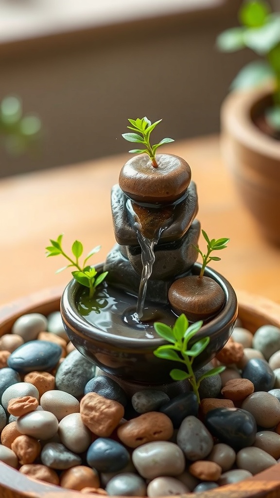 A whimsical tabletop zen garden fountain with a rustic barrel design, pebbles, and small plants.