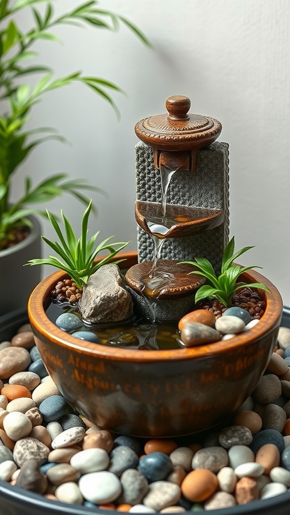 A tabletop zen garden fountain with a tiered design, surrounded by pebbles and small plants.