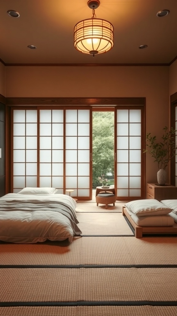 A serene bedroom featuring tatami mats, soft bedding, and natural light from shoji screens.