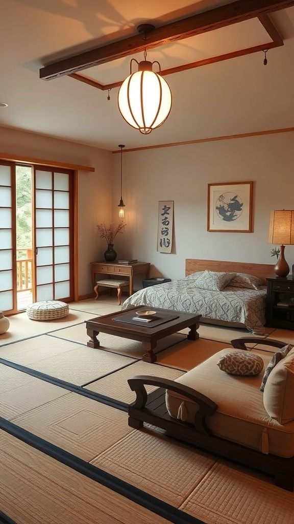 A serene Japandi bedroom featuring tatami mats, large windows, and minimalist furniture.