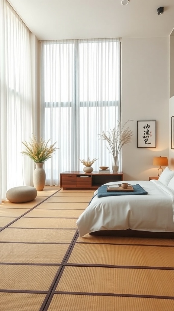 A serene bedroom featuring tatami mat flooring, large windows, and minimalistic decor.