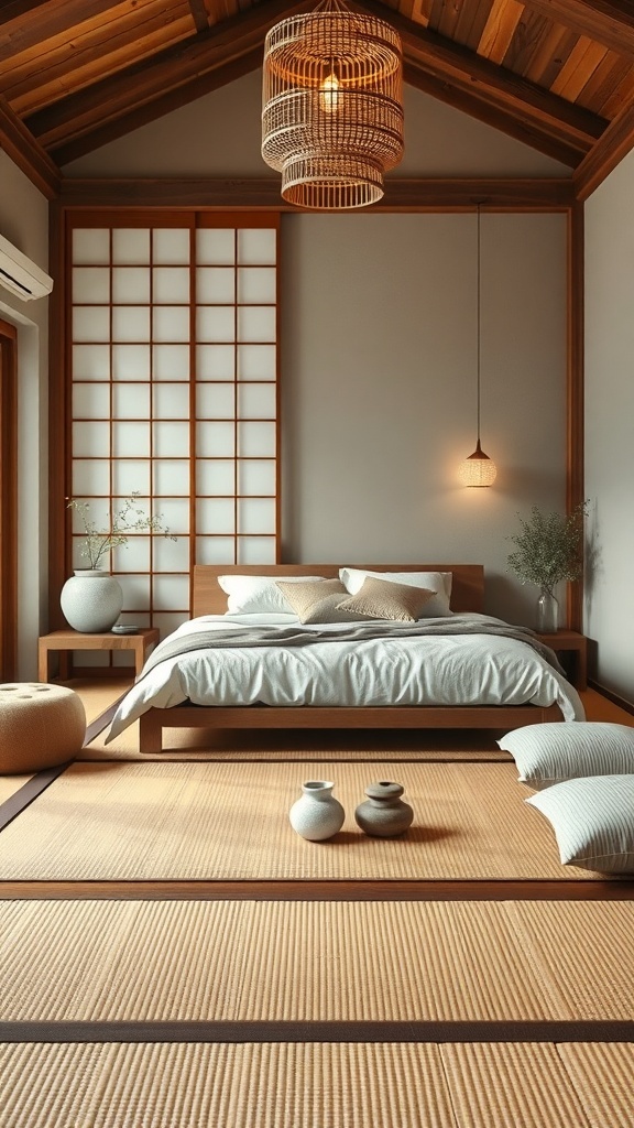 A serene Japandi style bedroom featuring tatami mats, wooden furniture, and soft lighting.