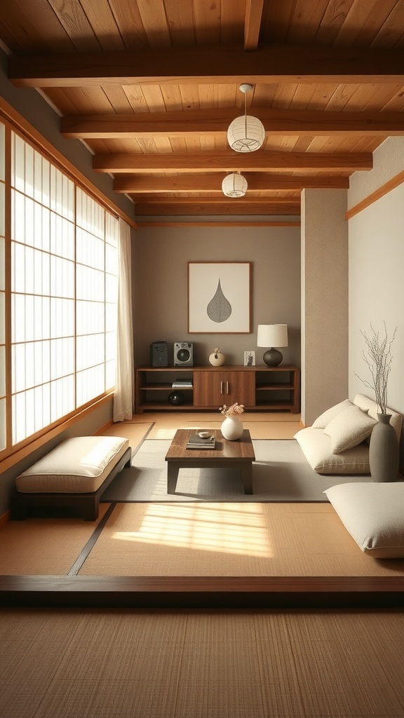 A cozy interior featuring tatami mats and low furniture, embodying Japandi minimalism.
