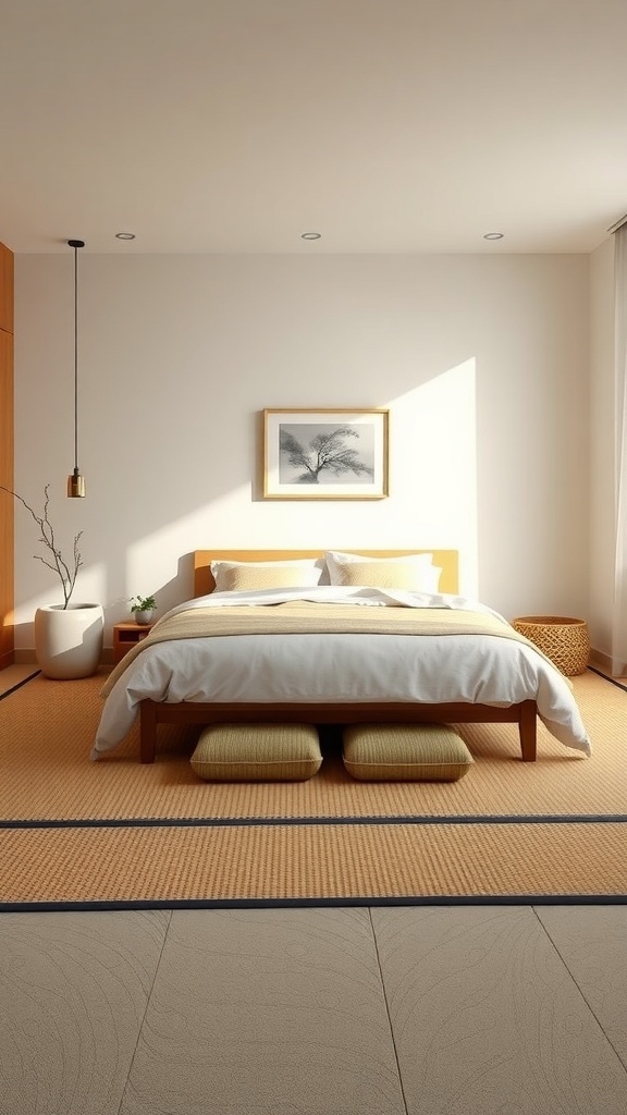 A serene Japandi bedroom featuring tatami mats and natural rugs, creating a calming atmosphere.