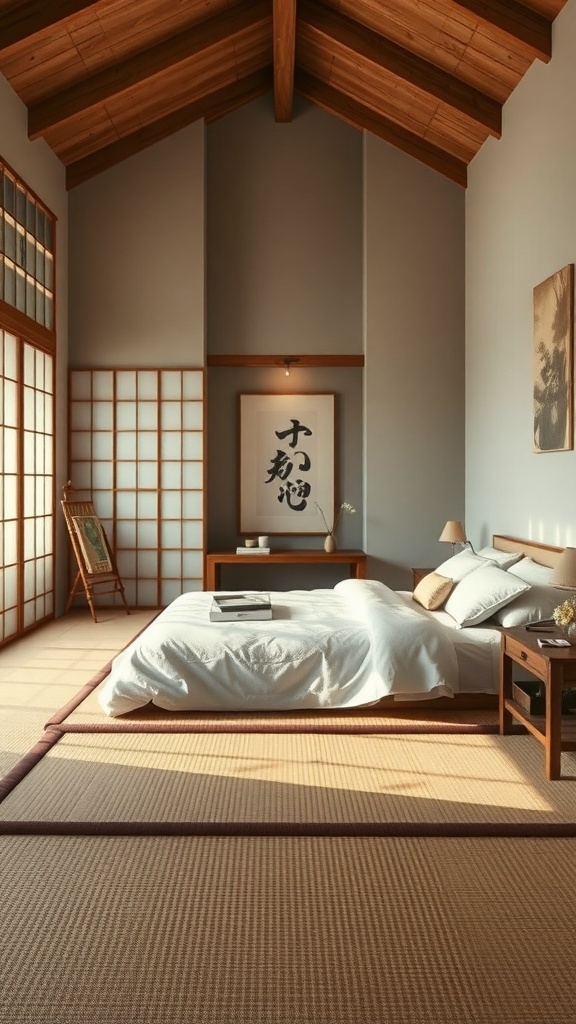 A serene Japandi bedroom featuring tatami mats, wooden beams, and minimalist decor.