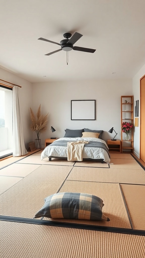 A minimalist Japanese bedroom featuring tatami mats, a bed with gray bedding, and a cozy pillow on the floor.