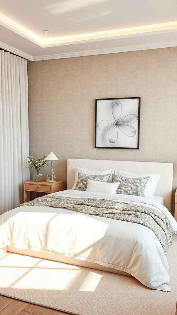 A serene bedroom with natural light, a cozy bed, and minimal decor.