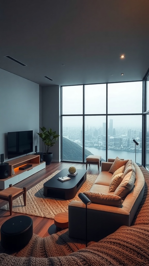 A modern living room with a sunken couch, large windows, and a TV, showcasing a tech-friendly entertainment hub.