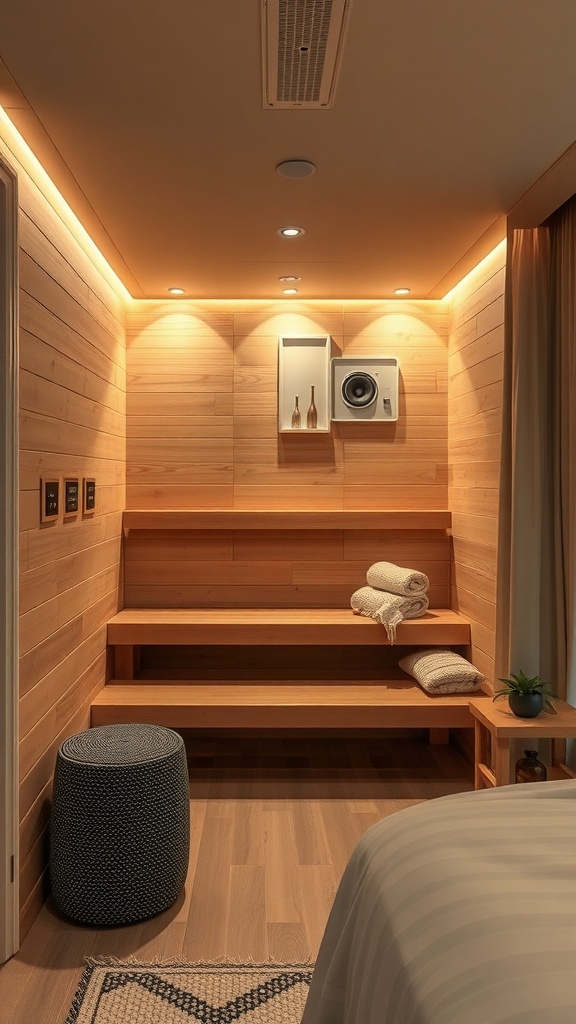 A modern sauna with wooden panels, soft lighting, and a sound system, featuring comfortable seating and neatly rolled towels.