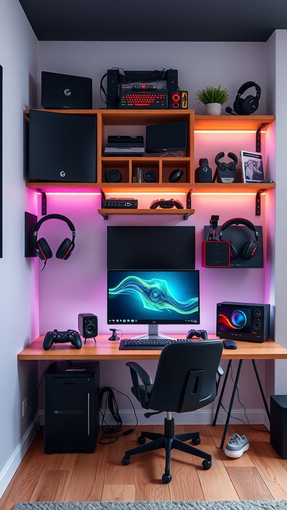 A stylish gaming setup featuring a large monitor, gaming PC, headphones, and LED lighting.