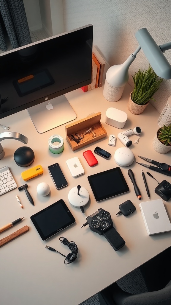 A well-organized workspace featuring various tech gadgets including a monitor, tablets, smart speakers, and tools, ideal for DIY projects.