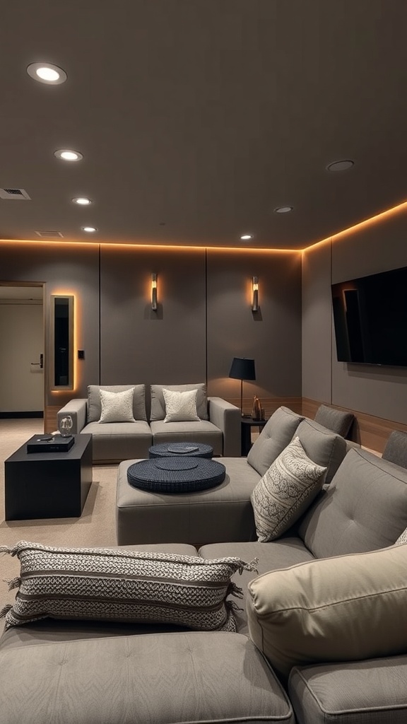 Cozy home theater setup with comfortable seating and soft lighting.