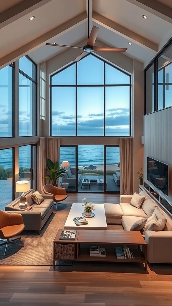 Modernes Wohnzimmer mit großen Fenstern und Meerblick, ausgestattet mit smarten Geräten.