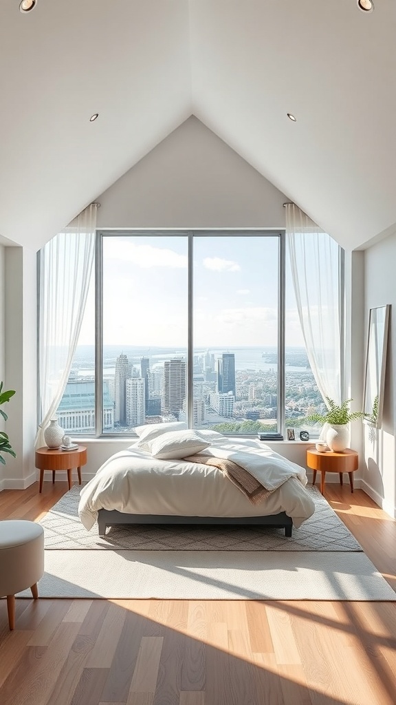 Modernes Schlafzimmer mit großem Fenster und Blick auf die Stadt
