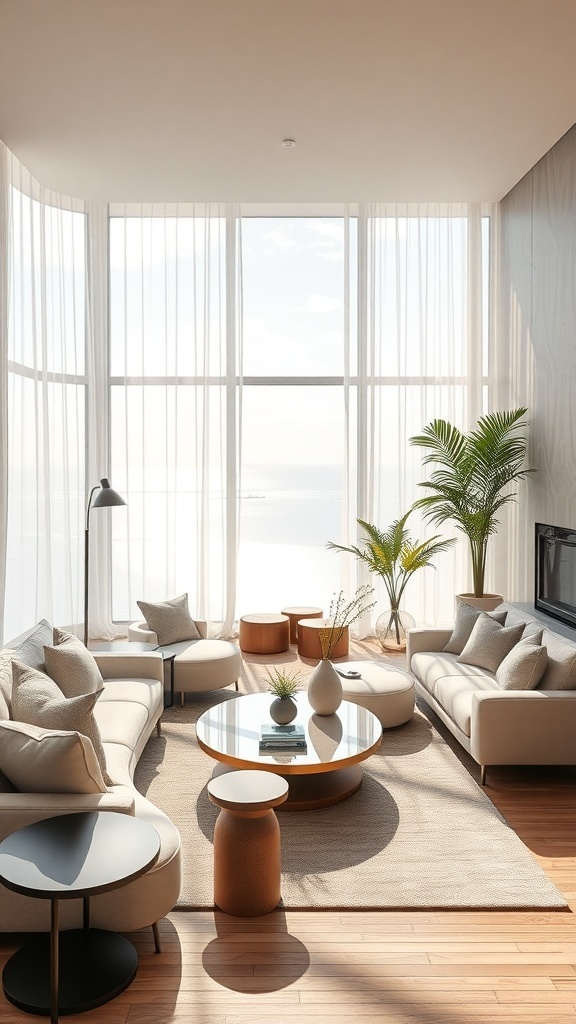 Modernes Wohnzimmer mit großen Fenstern, eleganten Möbeln und Pflanzen