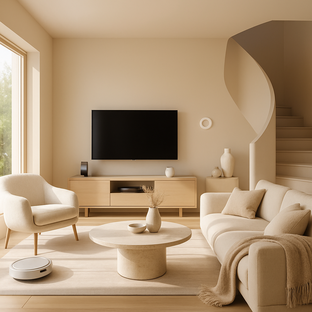 Modernes Wohnzimmer mit neutralen Farben, Fernseher, Couchtisch und Roboterstaubsauger