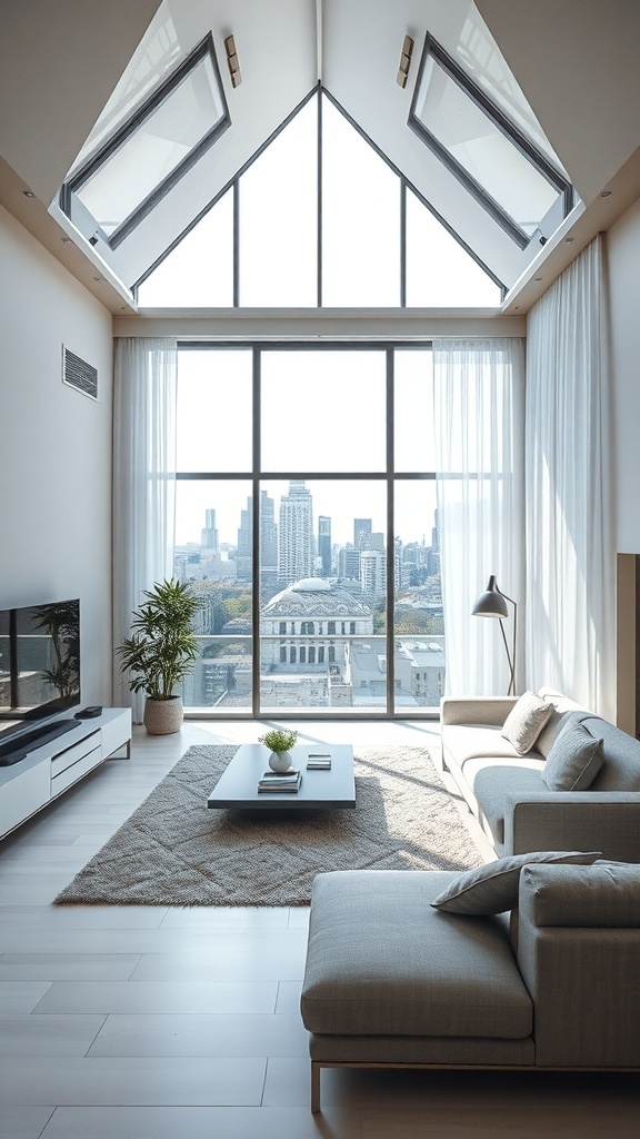 Modernes Wohnzimmer mit großen Fenstern und eleganten Möbeln