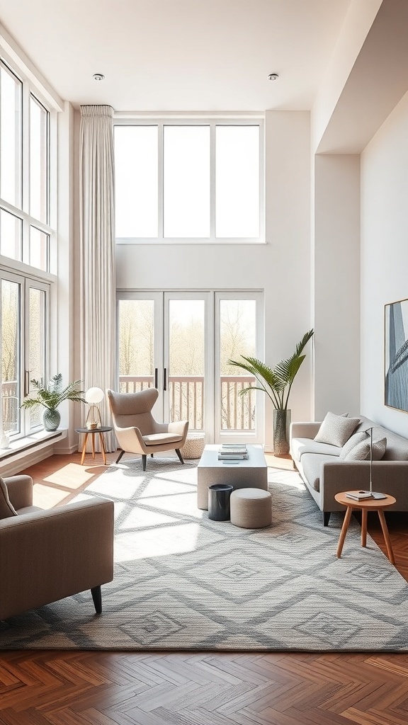 Heller, moderner Wohnraum mit großen Fenstern, neutralen Möbeln und einem geometrischen Teppich.
