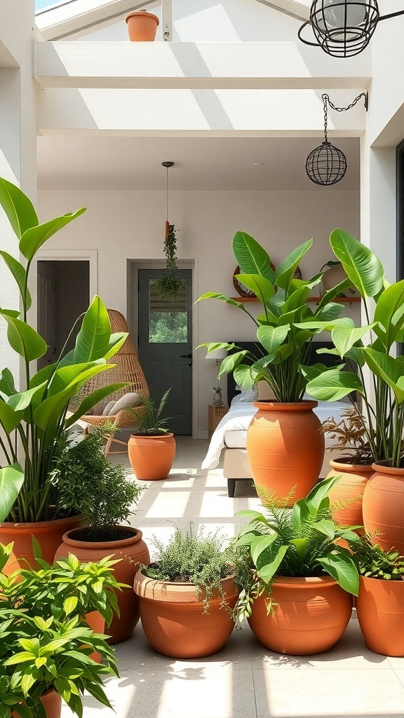 A bright indoor space featuring various terracotta planters filled with lush green plants.