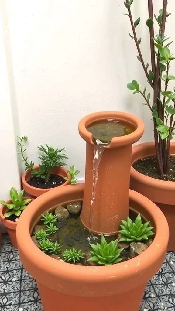 A terracotta pot fountain with water flowing from the top, surrounded by small succulent plants.