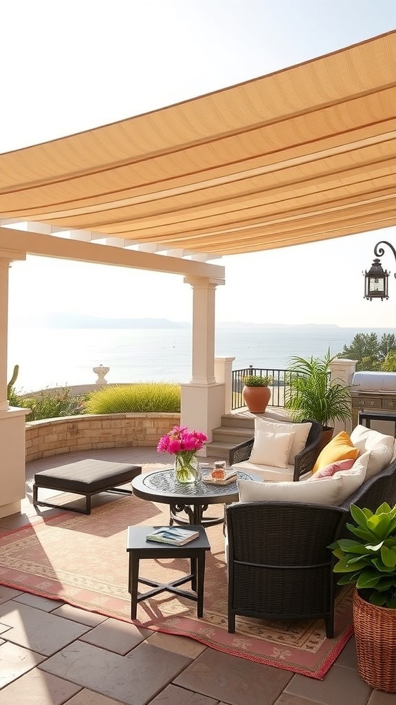Gemütliche Outdoor Lounge mit Überdachung, bequemen Möbeln und Pflanzen