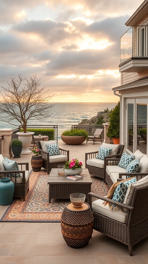 Gemütliche Terrasse mit Meerblick, stilvollen Möbeln und Pflanzen