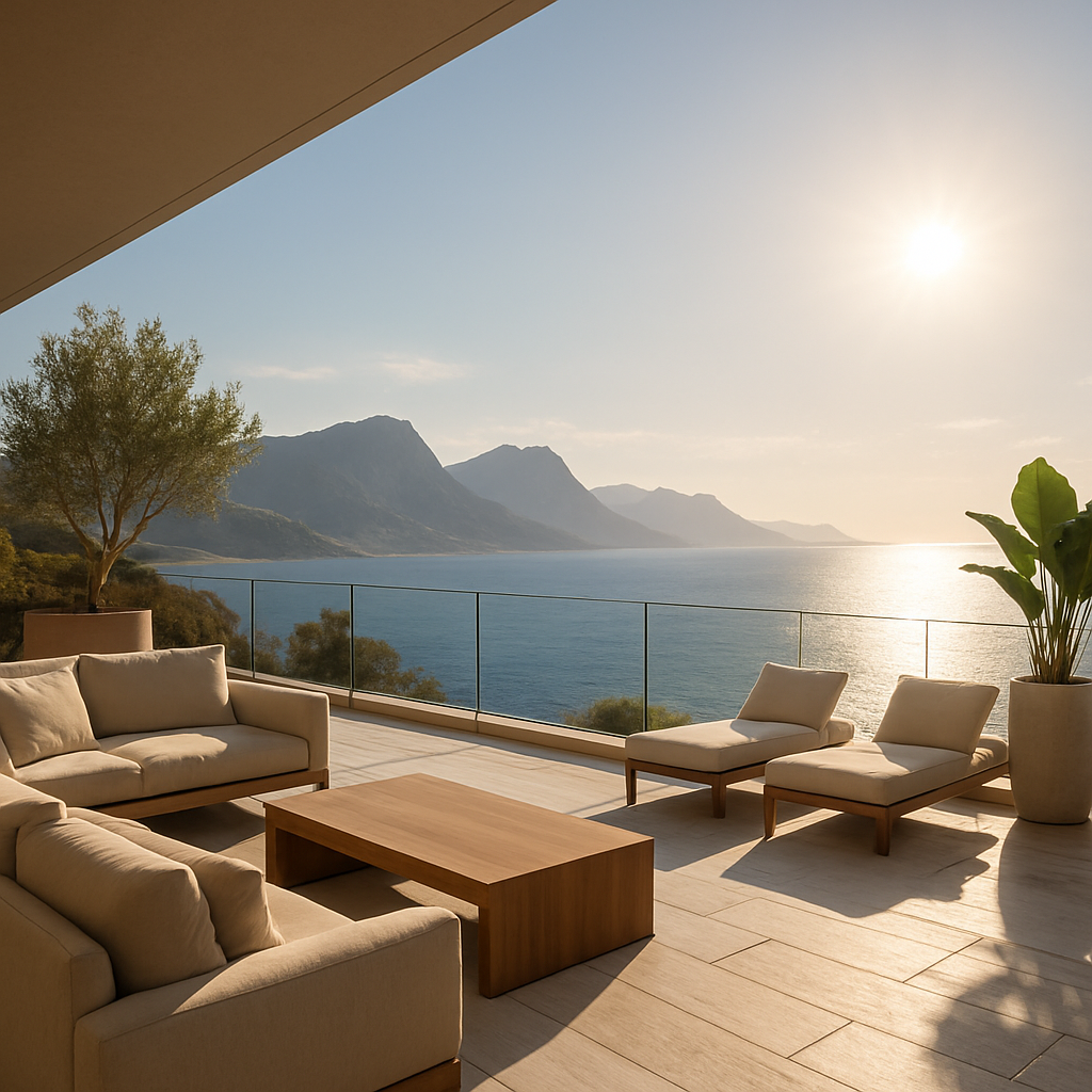 Moderne Terrasse mit Meerblick und stilvollem Mobiliar