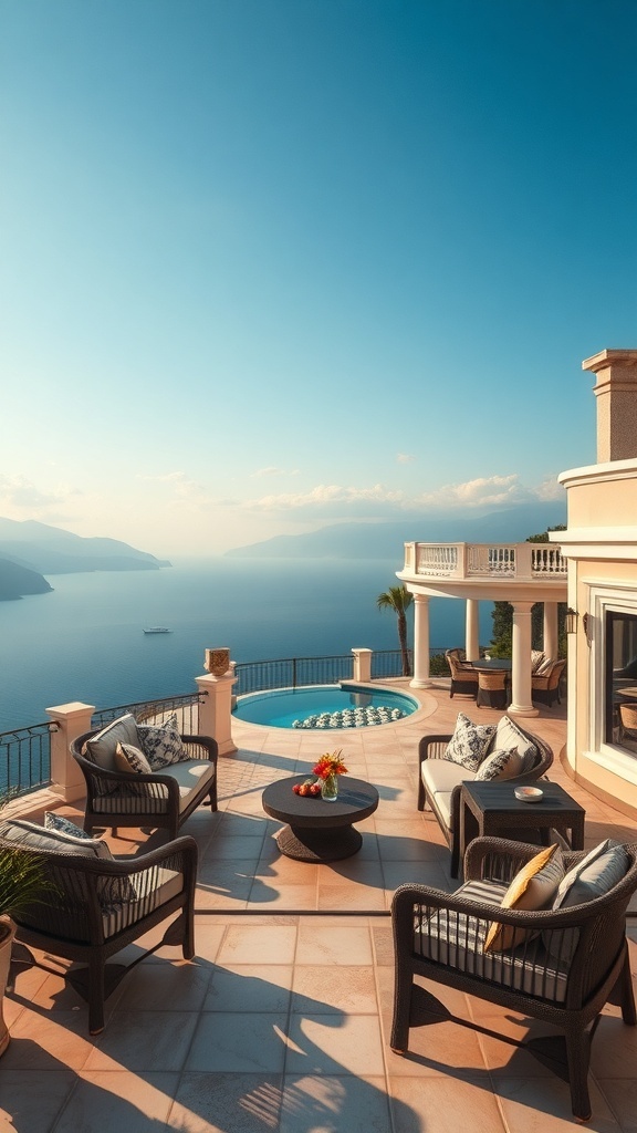 Luxuriöse Terrasse mit Blick auf das Wasser, bequeme Möbel und einen Pool.