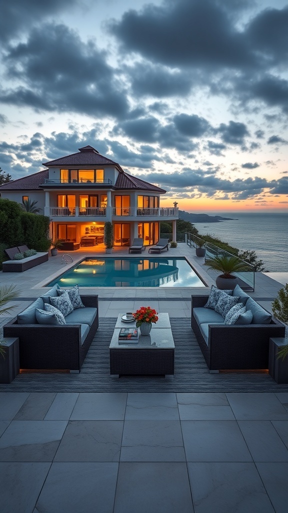 Luxuriöse Terrasse mit Blick auf den Sonnenuntergang, stilvolle Möbel und Pool