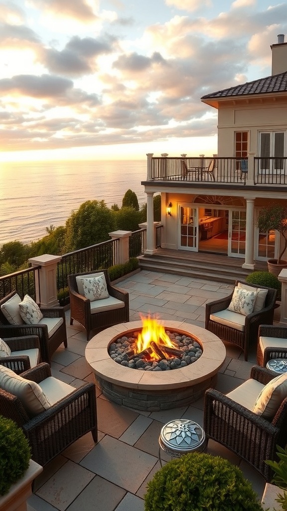 Eine stilvolle Terrasse mit einer Feuerstelle, umgeben von bequemen Sitzgelegenheiten und Blick auf den Sonnenuntergang über dem Meer.