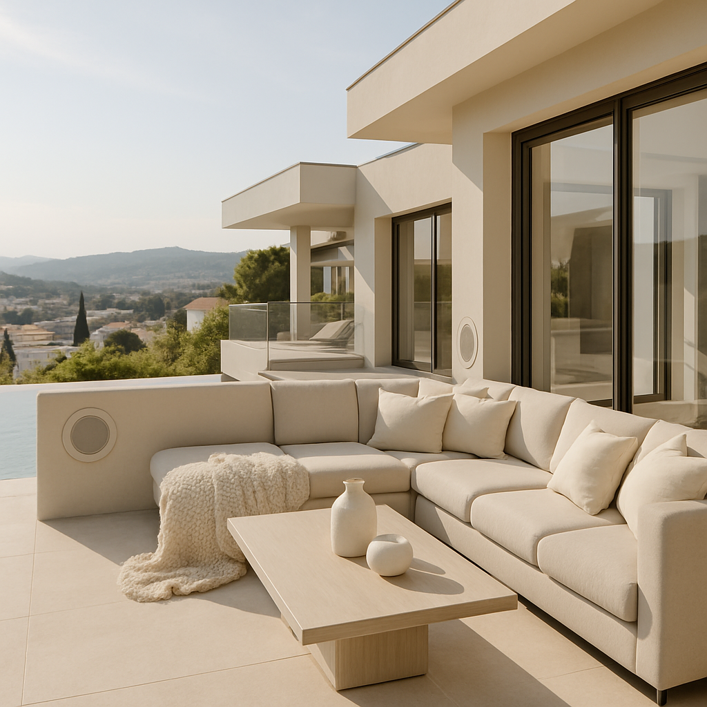 Moderne Terrasse mit integriertem Lautsprecher, bequemer Couch und minimalistischen Möbeln.