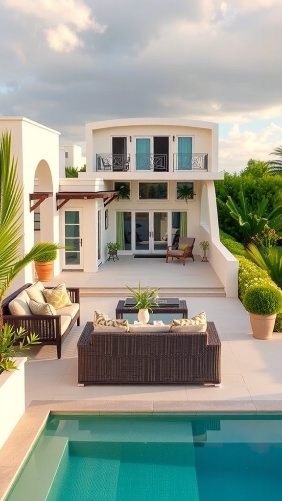 Eine moderne Terrasse mit integrierten Sitzgelegenheiten, einem Pool und üppiger Vegetation.